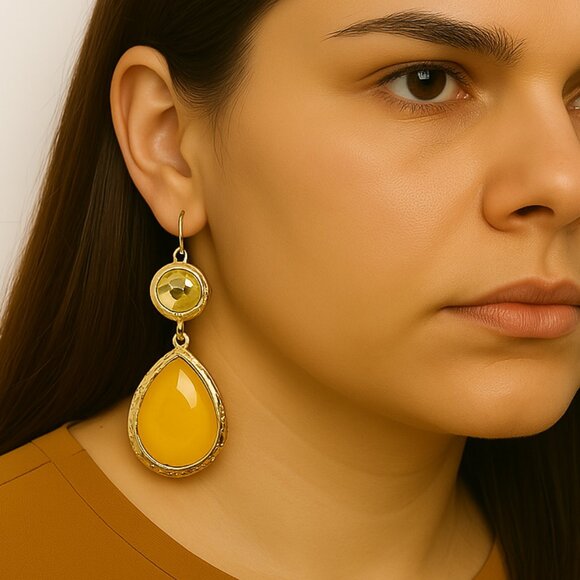 Bold Yellow Teardrop Statement Earrings – Faceted Crystal & Gold Dangle Jewelry - Picture 1 of 14